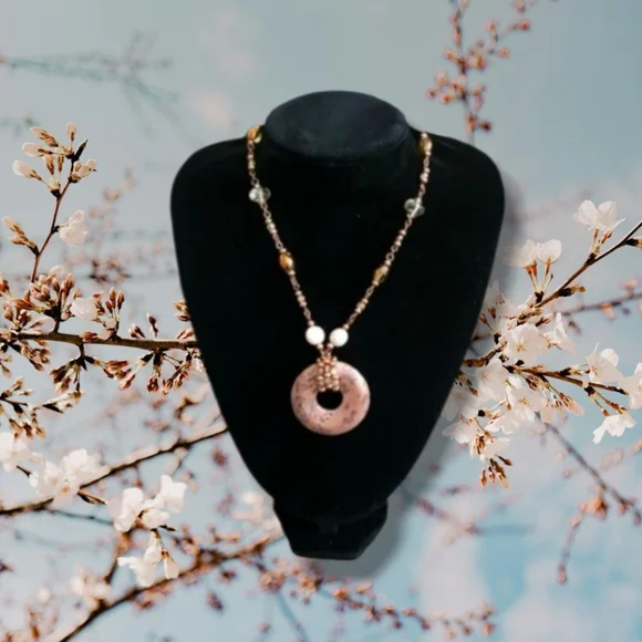 Lia Sophia | NWOT Pretty Boho Circle Stone Pendant Bronze Tone Beaded Necklace - Picture 1 of 7